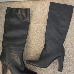 Jessica Simpson Black Leather Knee Boots with Pointed Toe and High Block Heel